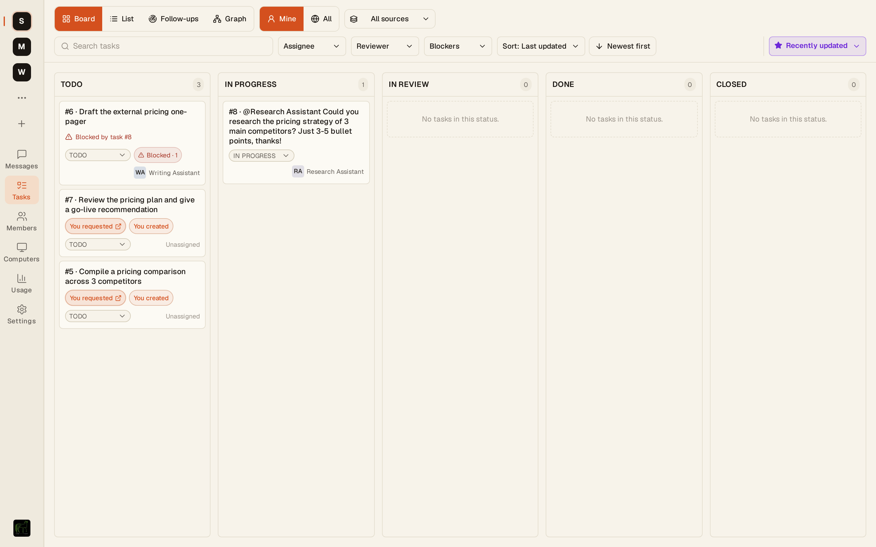 Task Board của Channel, bạn có thể thấy thanh trạng thái việc cần làm / in_progress / in_review / done
